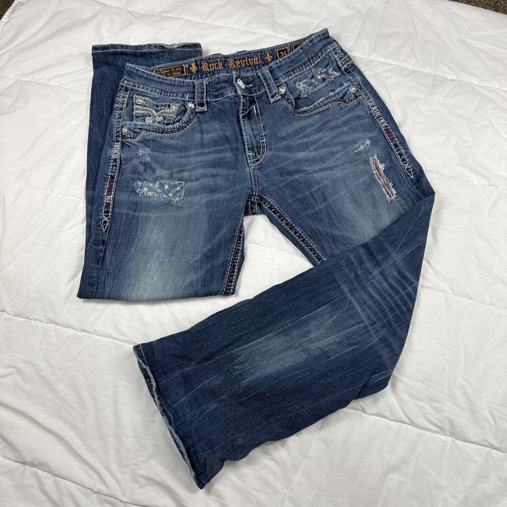 Rock Revival Ledford Relaxed Straight Jeans Mens 34x28" Med  Wash Distressed
